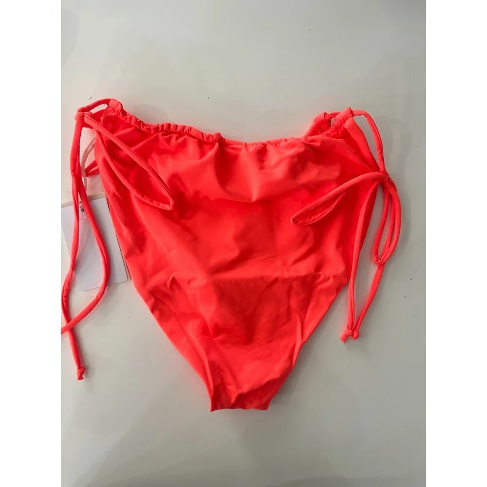 Good American Side Tie Bikini Cheeky Adjustable Bottoms Hot Coral NWT Size 4